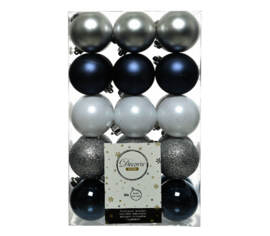 Boule en plastique 6 cm (Billant - Paillettes) (Paquet de 30) Argent - Bleu nuit - Blanc d'hiver