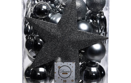 Boule en plastique avec étoile (Brillant - Paillettes) (Paquet de 33) Argent