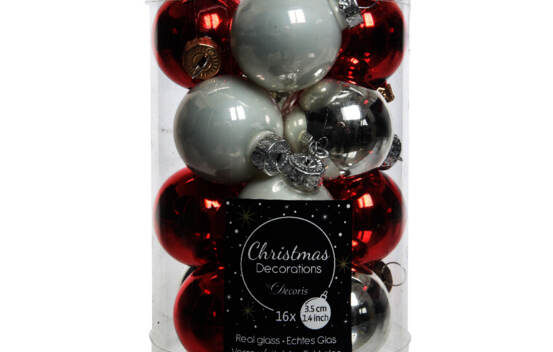 Boule en verre 3,5 cm (Brillant - Mat) (Paquet de 16) Argent - Blanc d'hiver - Rouge No&euml;l