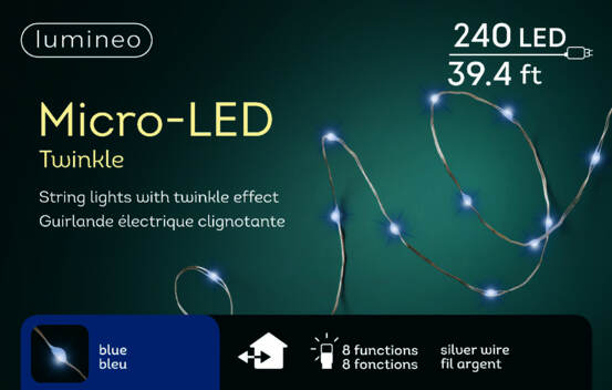 Lumi&egrave;res Ext&eacute;rieures DEL Micro 240 lumi&egrave;res 40' Bleu avec fil argent